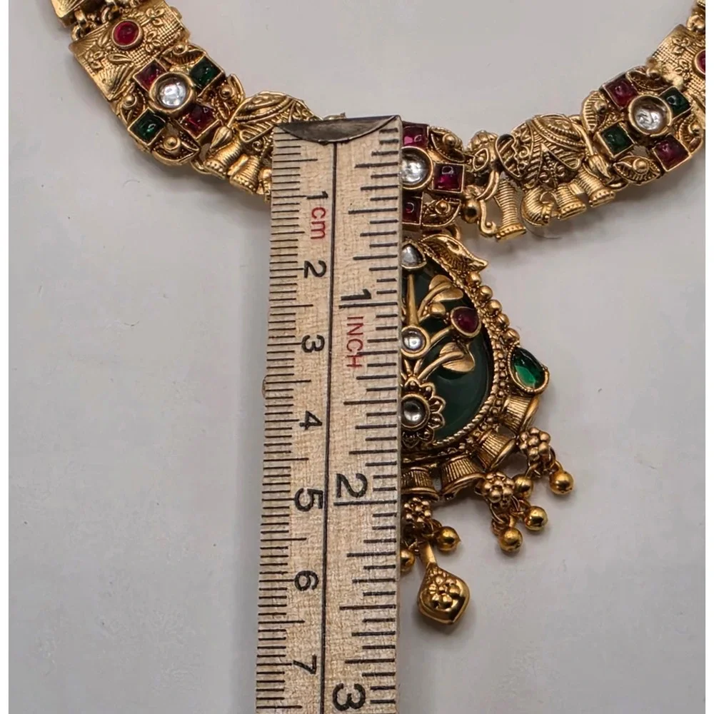 Indian Kundan Style Elephant Necklace Earrings Set Gold Tone Green Red Bridal